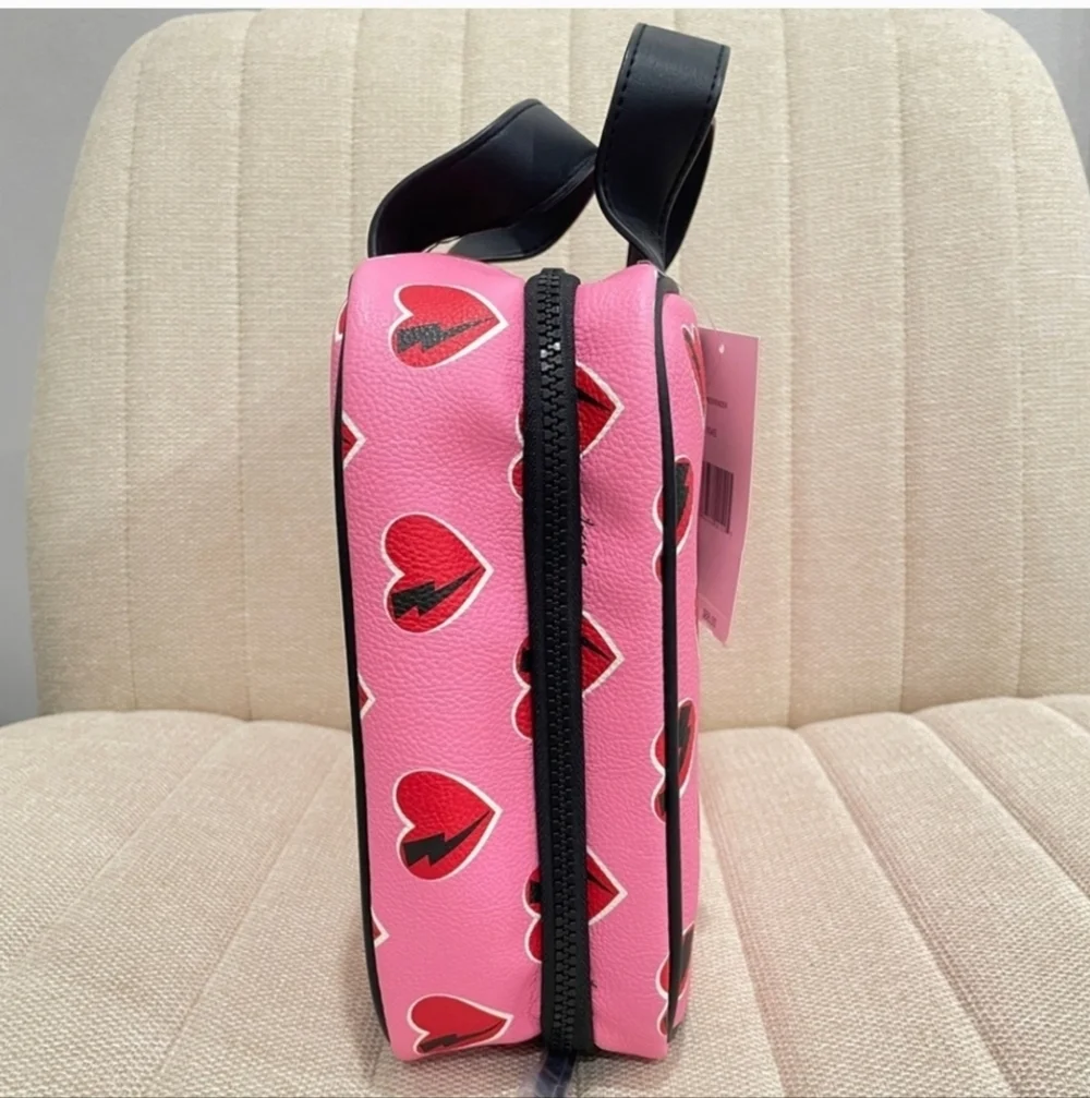 💕▪️Betsey Johnson▪️Pink Red Heart Briefcase Travel Makeup Bag Double Sided Zip